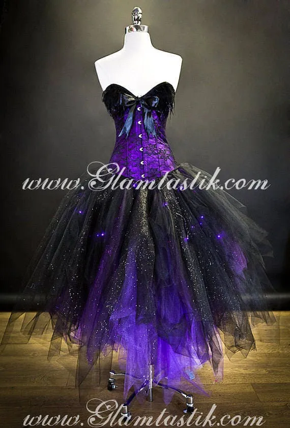 Custom Size Light up Purple and Black lace feather sparkle Burlesque witch costume day of the dead Corset prom dress by Glamtastik steampunk buy now online Custom Size Light up Purple and Black lace feather sparkle Burlesque witch costume day of the dead Corset prom dress by Glamtastik steampunk buy now online