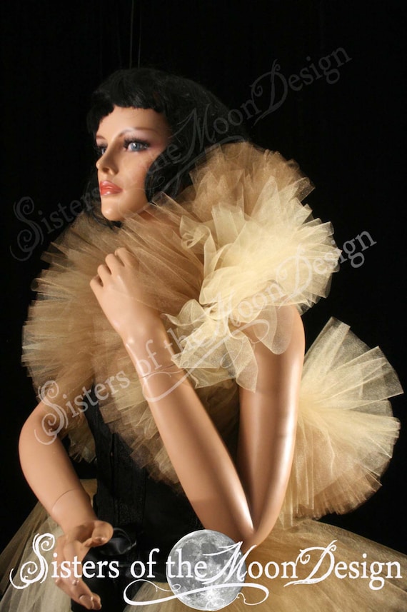 Fancy tulle boa gold and antique gold tie on should wrap bolero adult tutu shrug halloween burlesque -- Enchanted by SistersEnchanted steampunk buy now online