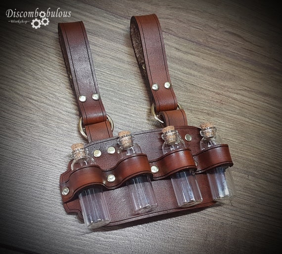 Leather belt hanger with bottles, steampunk accessory, costume accessory, cosplay, steampunk bottles, dnd, larp, rpg, apothacery by Discombobulous steampunk buy now online