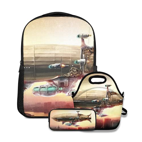 School Backpack Set,Airship Painted Steampunk Style Sky Over,with Lunch Bag and Pencil Case for Girls Boys Teenager Cute Schoolbag Waterproof Bookbag steampunk buy now online
