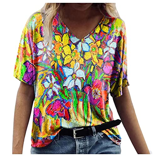 Janly Clearance Sale Women's Floral Print Tops, Ladies V-Neck Flower Scenic T-Shirt Plus Size, Summer Casual Blouse Short Sleeve Shirt, Easter St Patrick's Day Deal (XXL, Multicolor 2) steampunk buy now online