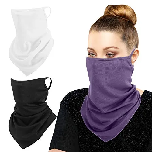 MoKo Scarf Mask Bandana with Ear Loops 3 Pack, Neck Gaiter Balaclava UV Sun Protection Face Mask for Dust Wind Outdoors Motorcycle Cycle Bandana Headband for Women Men, Purple & White & Black steampunk buy now online