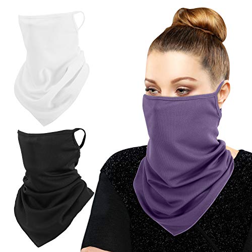 MoKo Scarf Mask Bandana with Ear Loops 3 Pack, Neck Gaiter Balaclava UV Sun Protection Face Mask for Dust Wind Outdoors Motorcycle Cycle Bandana Headband for Women Men, Purple & White & Black steampunk buy now online
