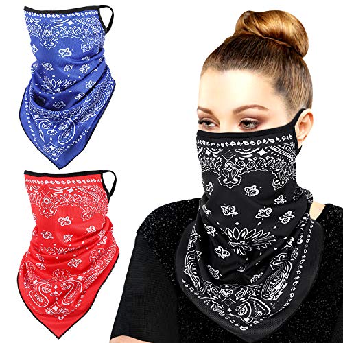 MoKo Scarf Mask Bandana with Ear Loops 3 Pack, Neck Gaiter Balaclava UV Sun Protection Face Mask for Dust Wind Outdoors Motorcycle Cycle Bandana Headband for Women - Red/Blue/Black steampunk buy now online
