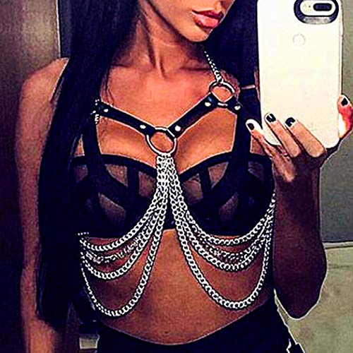 Sethain Gothic Leather Bra Chain Black Layered Harness Chest Chains Multilayered Strappy Bust Clubwear Body Accessories for Women and Girls steampunk buy now online