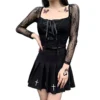 CHICTRY Women's Gothic Lace Patchwork Long/Short Sleeve Square Neck Punk Lace-up Slim Fit Top T-Shirt Black Long Sleeve S steampunk buy now online