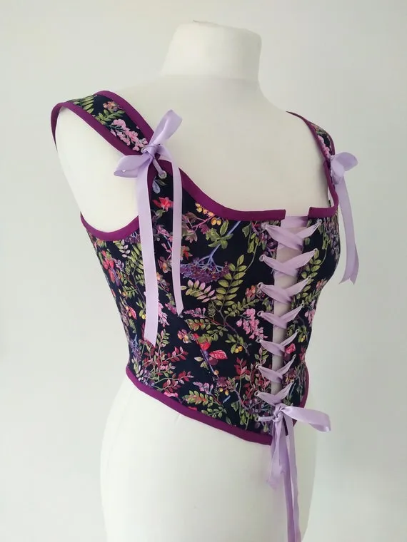 Custom Flowers Renaissance Corset 18th Century Half Stays Costume Pink and Purple Botanicals Bodice by IvoryBlackDesign steampunk buy now online