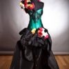 Custom Size Green and black lace burlesque prom dress with bustled train head piece and arm piece roses Day of the Dead costume by Glamtastik steampunk buy now online