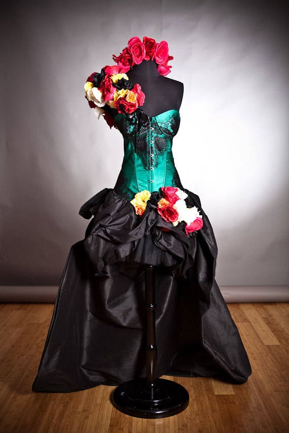 Custom Size Green and black lace burlesque prom dress with bustled train head piece and arm piece roses Day of the Dead costume by Glamtastik steampunk buy now online