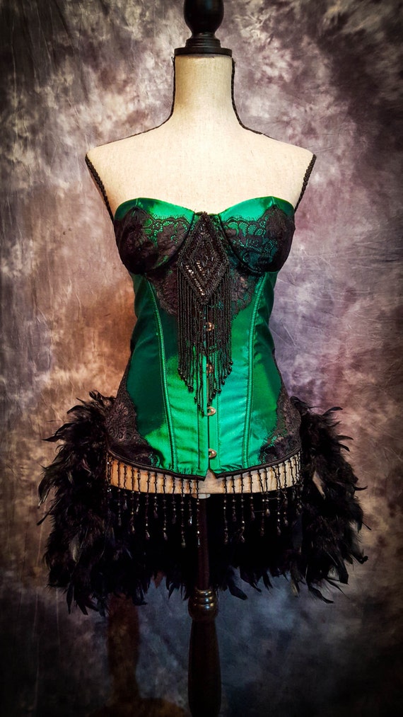 GREEN FAIRY Steampunk Dress Saloon Girl Black Vintage Movie Burlesque Costume w/ Feather Train - XL by olgaitaly steampunk buy now online