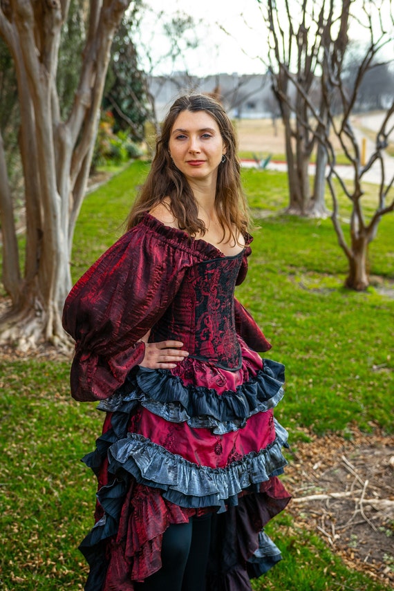 Pirate Burgundy Shimmer Fancy Chemise, Steampunk, Peasant Blouse, Renaissance, Victorian, Cosplay, Costume, Shirt, dark red, maroon by SilverLeafCostumes steampunk buy now online