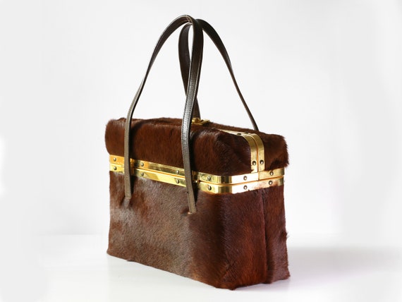 UNIQUE VINTAGE BAG / calf leather handbag / brown fur / calf hide / calf hair / 50s by LaPuceLazuli steampunk buy now online