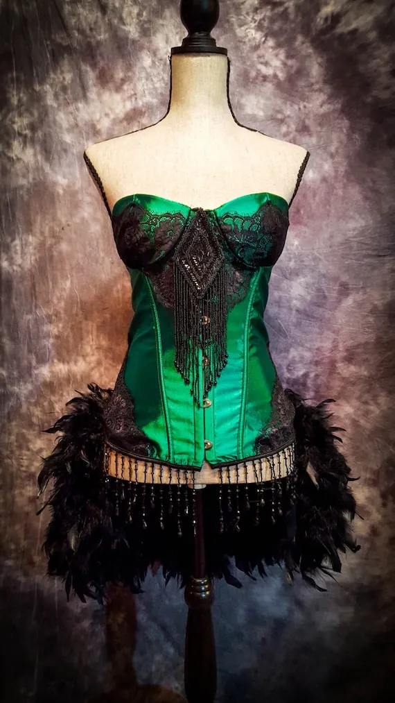 XL - GREEN FAIRY Steampunk Dress Saloon Girl Black Vintage Movie Burlesque Costume w/ Feather Train by olgaitaly steampunk buy now online XL - GREEN FAIRY Steampunk Dress Saloon Girl Black Vintage Movie Burlesque Costume w/ Feather Train by olgaitaly steampunk buy now online