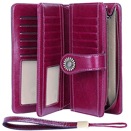 TEUEN Ladies Leather Purse Large Capacity Womens Wallets RFID Blocking with Wrist Strap 26 Card Slots, Ladies Purse Wallet with Zip Pocket Coins Compartment Leather Purses for Women (Purple) steampunk buy now online