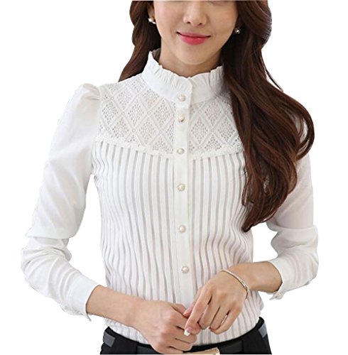 Womens Chiffon Vintage Stand Collar Button Down Shirt Long Sleeve Lace Blouse with Stretch White steampunk buy now online