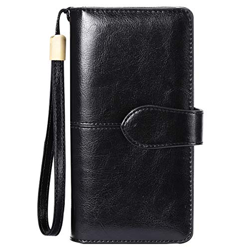 Ladies Leather Purse Large Capacity Women’s RFID Blocking Wallet with 26 Credit Card Slots, Women Clutch Long Purse with Zipper Pocket and Wrist Straps (Black) steampunk buy now online