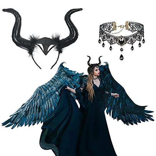 HAMOOM Evil Witch Horn Devile Demon Horns Headdress Black Gothic Steampunk Horn Queen Horns Headband Maleficent Cosplay Hair Accessories with Lace Choker Necklace for Halloween Masquerade Fancy Party steampunk buy now online