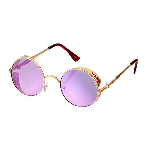 Ultra Steampunk Round Sunglasses Gold with Purple Lenses Retro Mens Women Cosplay Cyber Gothic Vintage UV400 Protection Goggles Blinders Unisex Sun Glasses Retro Sunglasses Round Glasses Round Frame steampunk buy now online