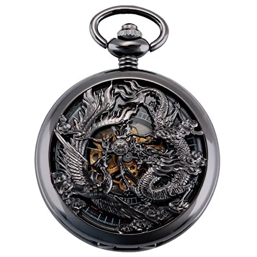 ManChDa Pocket Watch Lucky Dragon & Phoenix Vintage Mechanical Steampunk Skeleton Roman Numerals Black Fob Watch with Chain for Men Women steampunk buy now online