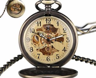 DFBGL Pocket Watch Steampunk Bronze Automatic Mechanical Self Wind Pocket Watch Fob Chain Hollow Smooth Case Antique Pendant Men Women steampunk buy now online