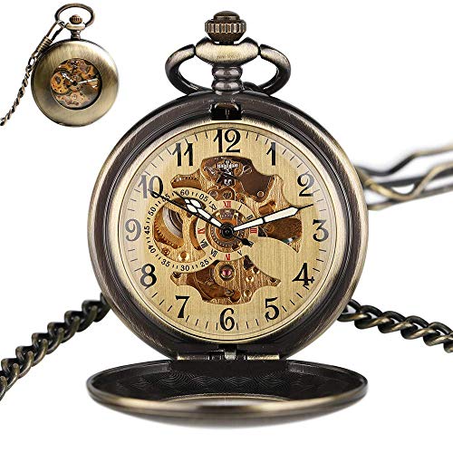 DFBGL Pocket Watch Steampunk Bronze Automatic Mechanical Self Wind Pocket Watch Fob Chain Hollow Smooth Case Antique Pendant Men Women steampunk buy now online