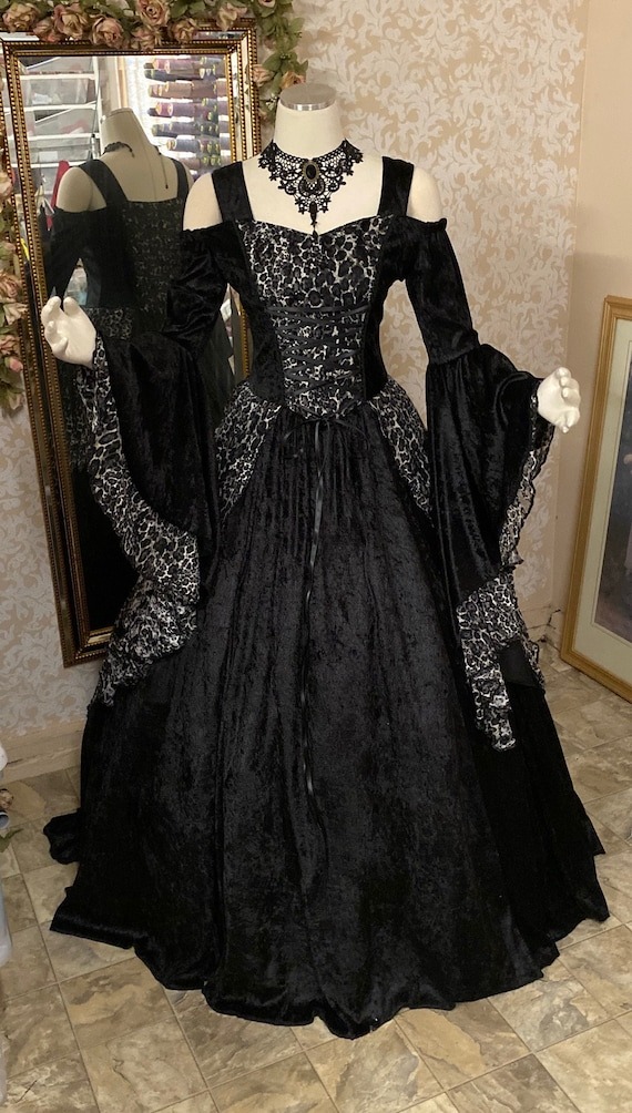 In stock XLarge- Special Edition Animal Print Black Gothic Gwendolyn Medieval or Renaissance Wedding Gown Velvet and Lace by RomanticThreads steampunk buy now online