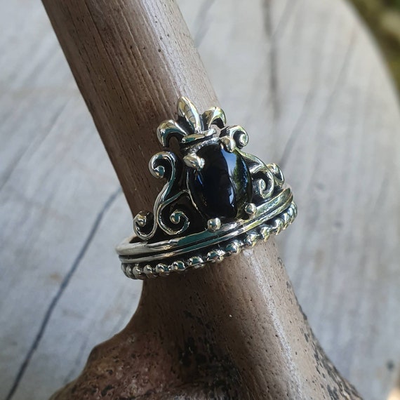 Onyx ring,vintage scroll,sterling silver,fluer d lili crown,steampunk,art nouveau,long ring, victorian,boho,gypsy,handmade,crystal by JewelrywitAttitude steampunk buy now online