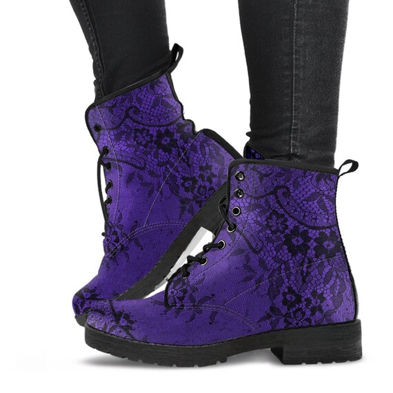 Purple and Black Lace Vegan leather Combat Boots - Vegan Leather Purple Goth Boots (REG26) by VictorianandSteampnk steampunk buy now online