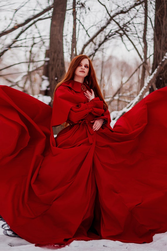 Red fantasy ball gown for masquerade / Outdoor cape dress / Long women dress for photo shoots / Crinoline is optional / Custom size by BlackBoneNeedle steampunk buy now online