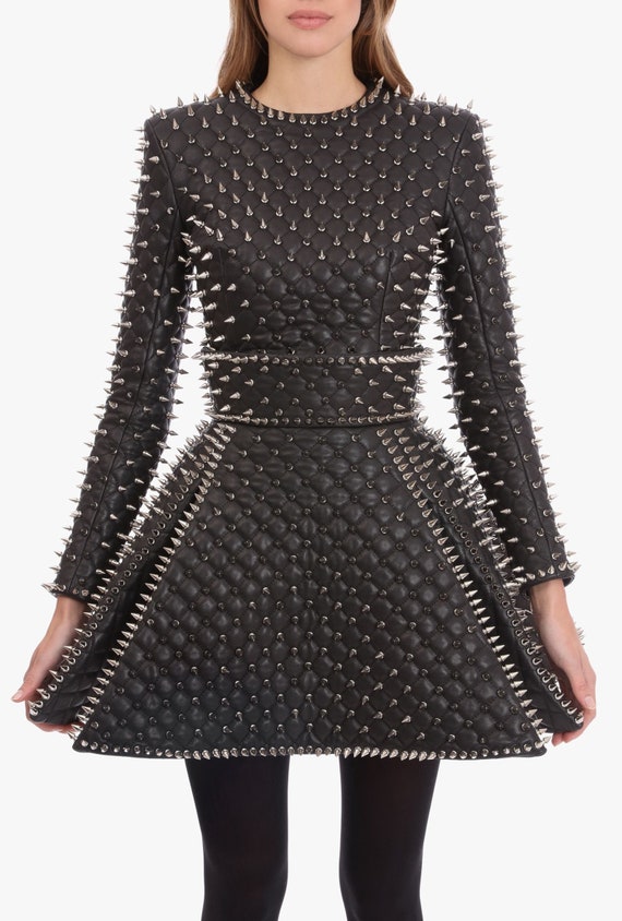 WOMEN Silver Studded Leather Jacket and Skirt, Leather Skirt, Women Steam Punk Studded Dress, Women Silver Spiked Skirt, Studded Skirt by studwork steampunk buy now online