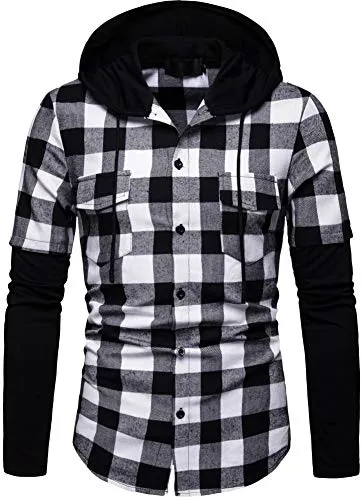 Iris Sprite Men Hooded Plaid Shirts Button Splice Sweatshirt Long Sleeve Lattice Tops (Black and White, XXL) steampunk buy now online