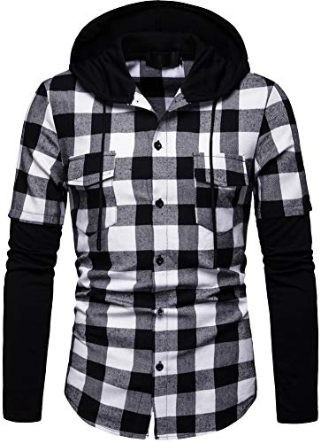 Iris Sprite Men Hooded Plaid Shirts Button Splice Sweatshirt Long Sleeve Lattice Tops (Black and White, XXL) steampunk buy now online