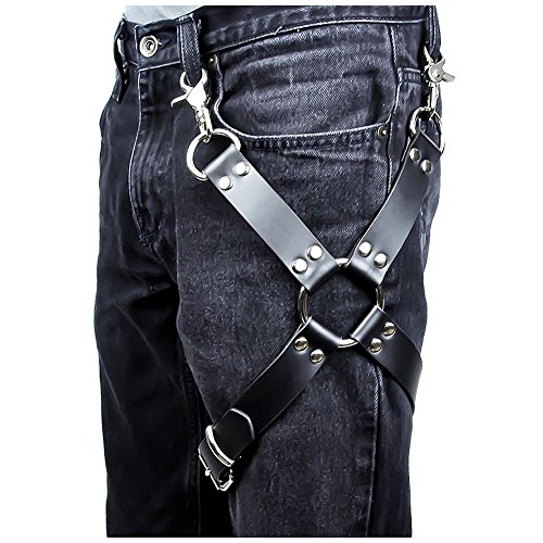 keland Sexy Punk Black Leather Harness Cage Thigh Leg Garters Belt for Women or Men (Black-003) steampunk buy now online