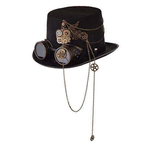 COSDREAMER Unisex Steampunk Top Hats Halloween Costume Hat with Goggles (58cm) Black steampunk buy now online