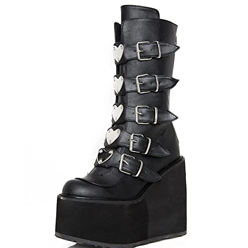 Womens High Platform Mid Calf Chunky High Heel Round-Toe Back-Zip Motorcycle Knee High Boots Combat Boots For Women steampunk buy now online