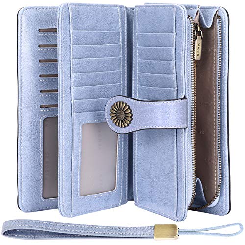 TEUEN Ladies Leather Purse Large Capacity Womens Wallets RFID Blocking with Wrist Strap 26 Card Slots, Ladies Purse Wallet with Zip Pocket Coins Compartment Leather Purses for Women (Blue2) steampunk buy now online