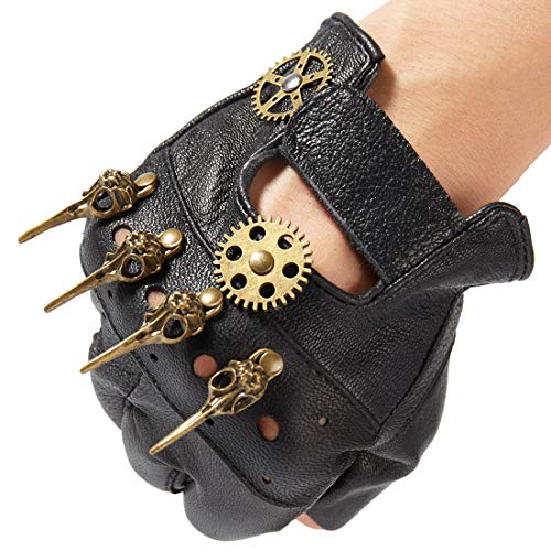 Steampunk Leather Gloves Mens Gothic Fingerless Mittens,Bird Skull steampunk buy now online