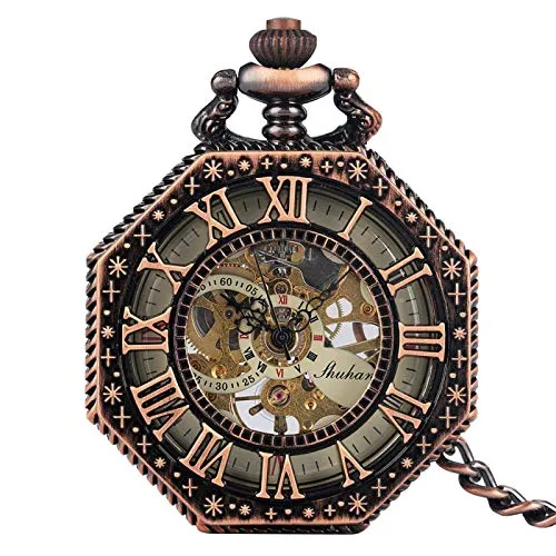 Gentleman Pocket Watch, Pocket watch,Octagonal manual mechanical pocket watch with retro Roman numerals and manual winding (Color : Redcopper) steampunk buy now online