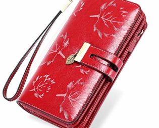 LUROON Ladies Purse RFID Blocking Women Purses Large Capacity Ladies Leather Wallets with 24 Credit Card Slots, Ladies Clutch Long Wallet with Zipper Pocket & Wrist Strap (Red 02) steampunk buy now online
