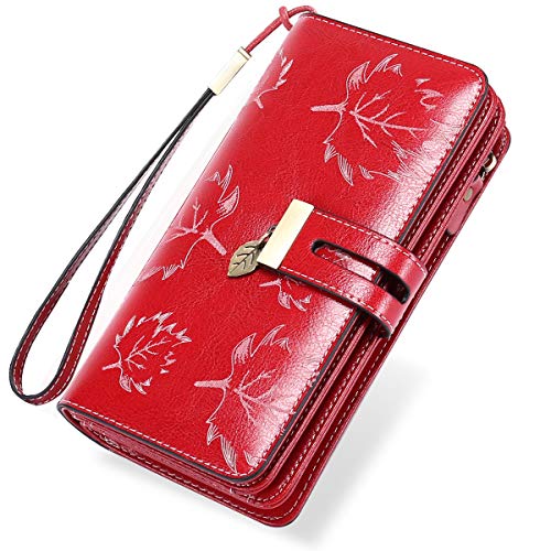 LUROON Ladies Purse RFID Blocking Women Purses Large Capacity Ladies Leather Wallets with 24 Credit Card Slots, Ladies Clutch Long Wallet with Zipper Pocket & Wrist Strap (Red 02) steampunk buy now online