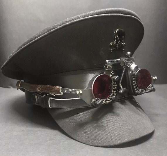 Cotton Black Military Hat with Red land optical goggles and Black skull in Size 57,58,59cm by SteamPunkMastery steampunk buy now online