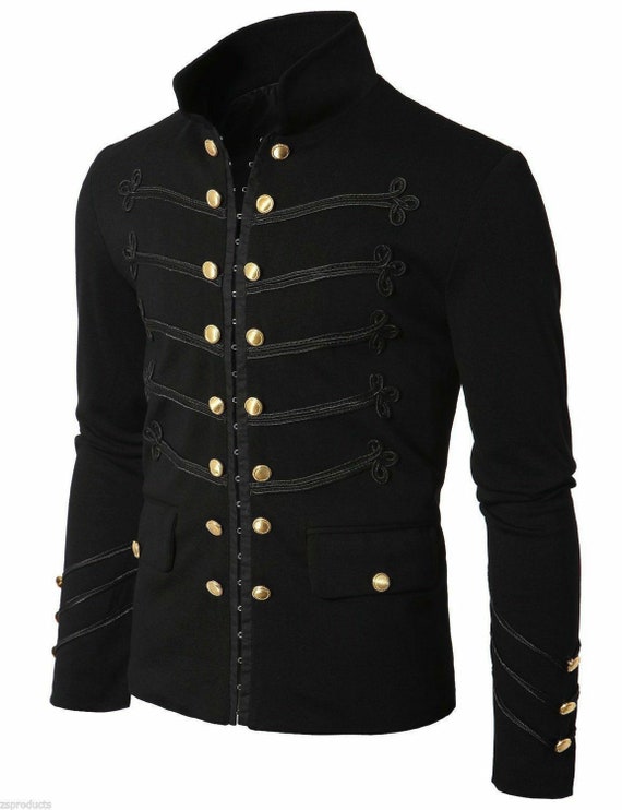 Men Handmade 100% Cotton black Embroidery BLACK Military Napoleon Hook Jacket by SportsManiaBoutique steampunk buy now online