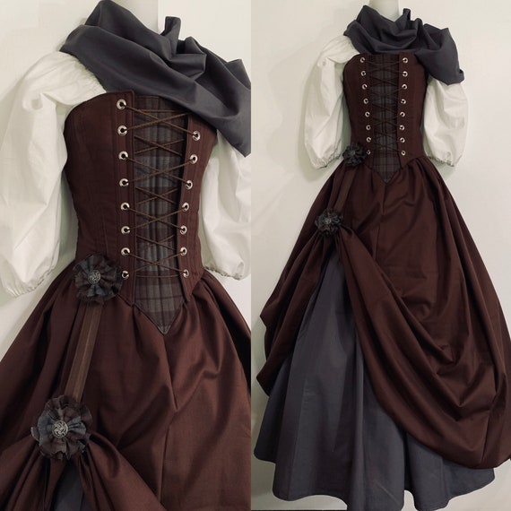 OUTLANDER LASS Fraser MacKenzie Clan Tartan Plaid Front Panel Steel Boned Bodice, Top, Scarf, Two Skirts and Flower Shirt Hike by LoriAnn by loriann37 steampunk buy now online