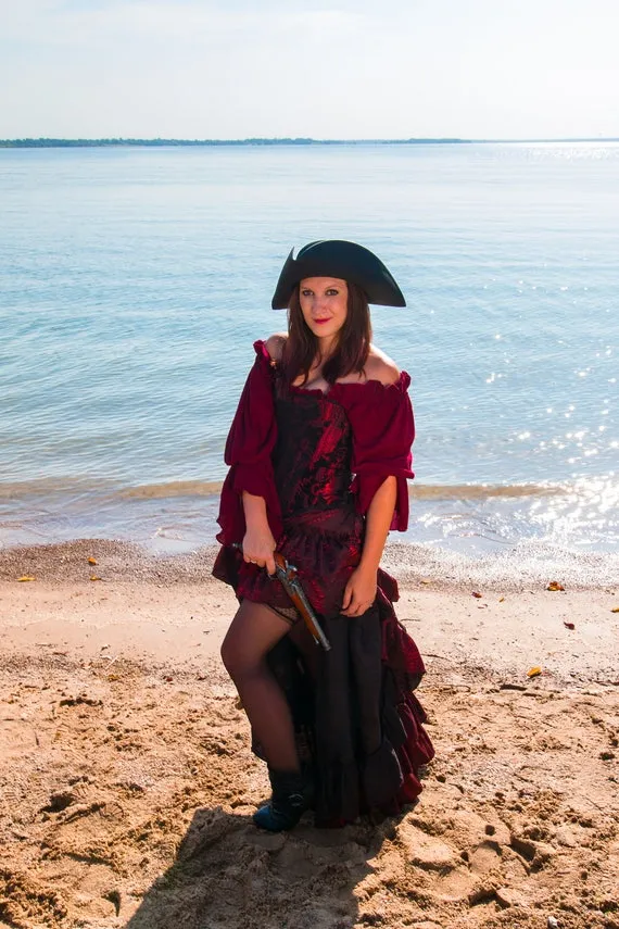 Pirate Corset Black and Burgundy, Costume, Custom XS-3X, Gothic Victorian Steampunk Steel-Boned Real Corset, Western, Medieval, Maroon, Red by SilverLeafCostumes steampunk buy now online