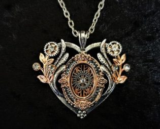 Romantic Steampunk jewellery - Charming silver and rose gold heart shaped Steampunk Pendant Necklace with diamante crystal rhinestones by KindHeartsEmporium steampunk buy now online