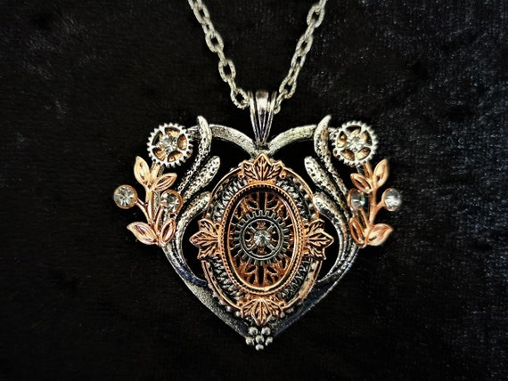 Romantic Steampunk jewellery - Charming silver and rose gold heart shaped Steampunk Pendant Necklace with diamante crystal rhinestones by KindHeartsEmporium steampunk buy now online