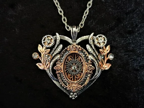 Romantic Steampunk jewellery - Charming silver and rose gold heart shaped Steampunk Pendant Necklace with diamante crystal rhinestones by KindHeartsEmporium steampunk buy now online Romantic Steampunk jewellery - Charming silver and rose gold heart shaped Steampunk Pendant Necklace with diamante crystal rhinestones by KindHeartsEmporium steampunk buy now online