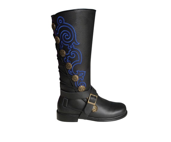 SALE** Black Leather Nobleman's Boots with Blue Embroidery by ArisArcher steampunk buy now online