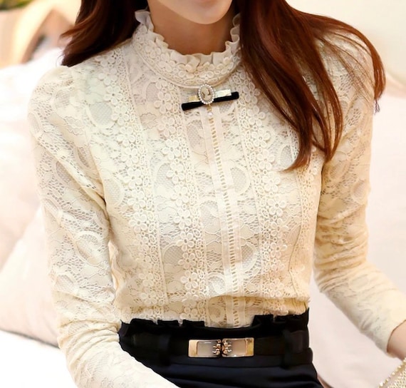 Victorian Cameo Brooch Blouse, Vintage Style Lace Top in Cream and Black by TheHouseOfRetroByJo steampunk buy now online