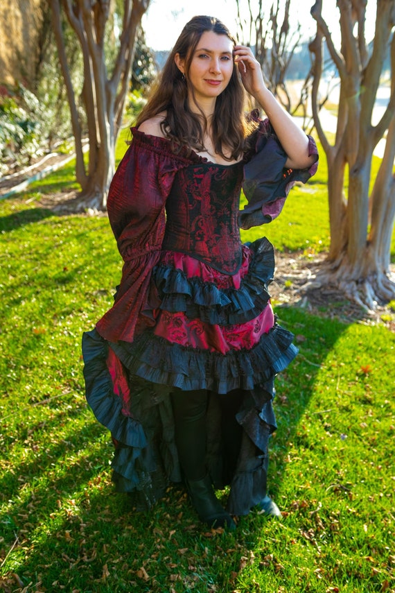 Wild West Skirt, Burgundy with Black Ruffles, Pirate Skirt, Western, Steampunk **FABRIC CHANGE - see description by SilverLeafCostumes steampunk buy now online